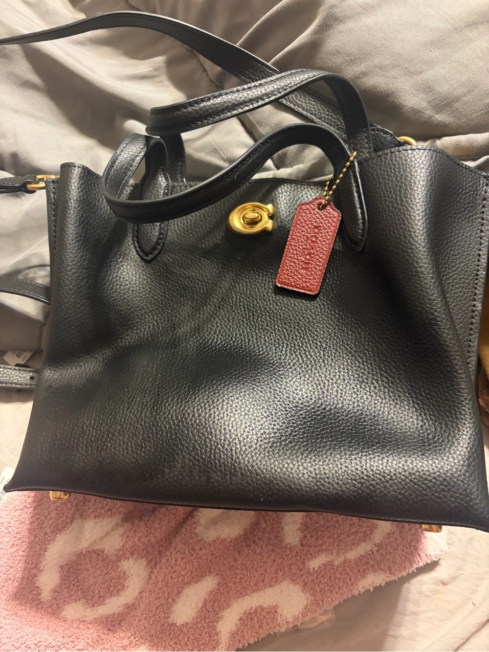 Coach Black Leather Tote with Red Tag and Gold Hardware